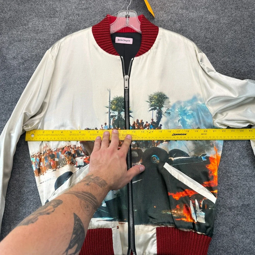 Palm Angels Riot Souvenir Bomber Jacket Mens 50 US Large Cream Graphic Car Crash